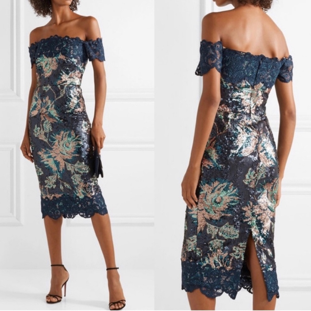 Marchesa Notte Off the Shoulder Sequin & Lace Dress